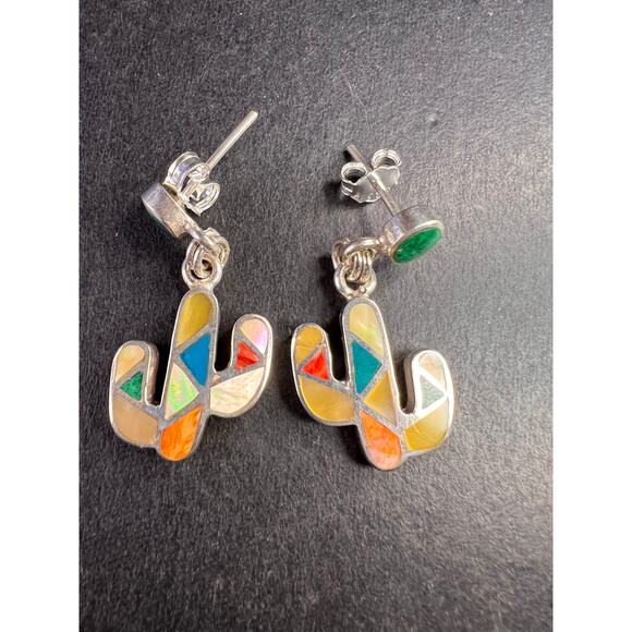 NEW Sterling Silver Peruvian Art Mosaic Cactus Earrings – Multi-Gemstone Inlay - Picture 7 of 12
